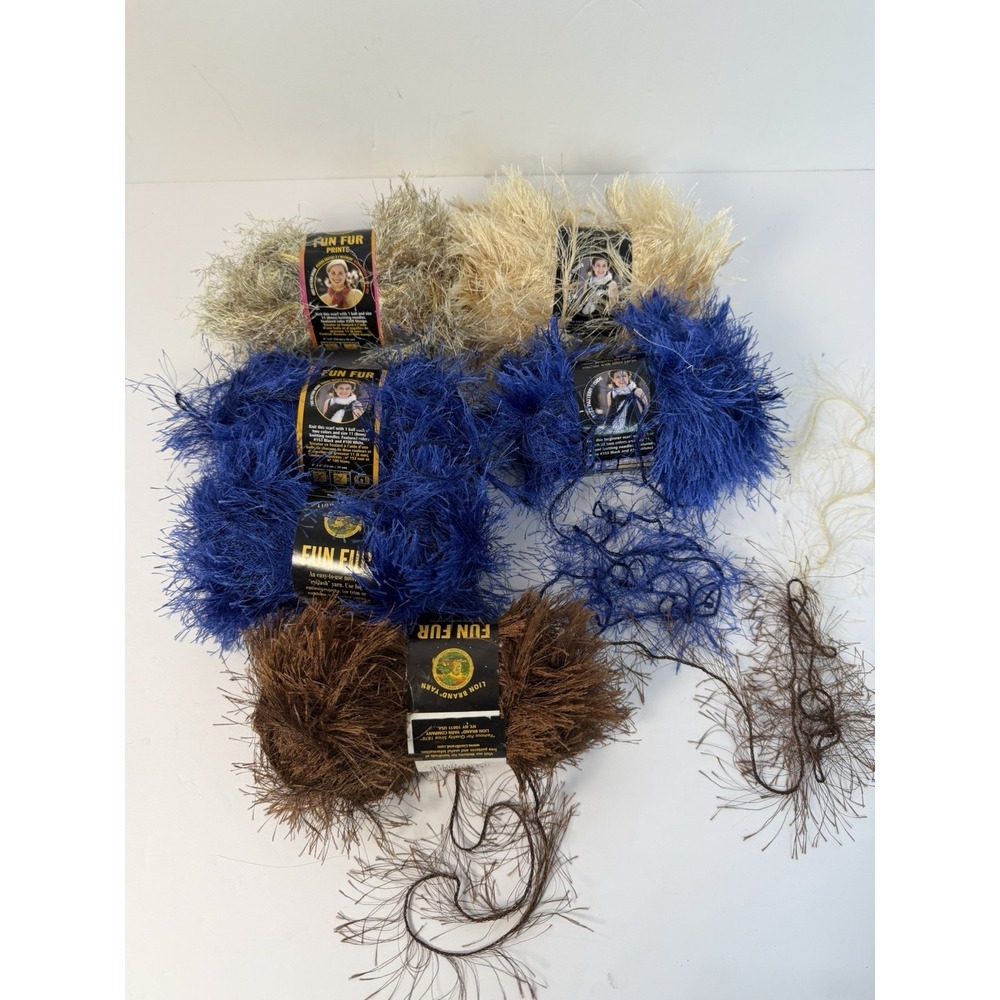 Fun Fur Yarn Lion‎ Brand Lot Of 6 50g / 64yds Blue Chocolate Sandstone Champagne